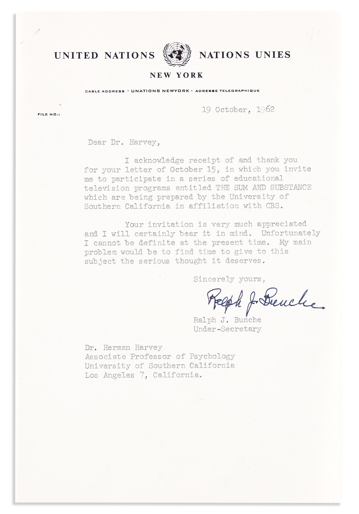 (CIVIL RIGHTS.) BUNCHE, RALPH. Typed Letter Signed, Ralph J. Bunche, to Herman Harvey,